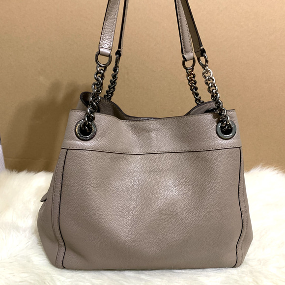 COACH Stone Gray/Gunmetal Leather Triple EntryTurnlock EDIE Chain Tote #36855 - Picture 5 of 16